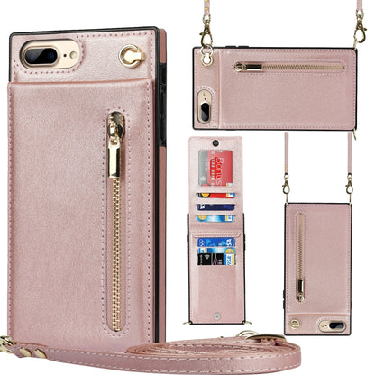 Cross-body Zipper Square TPU+PU Back Cover Case with Holder & Card Slots & Wallet & Strap For iPhone 8 Plus / 7 Plus(Rose Gold) - More iPhone Cases by buy2fix | Online Shopping UK | buy2fix