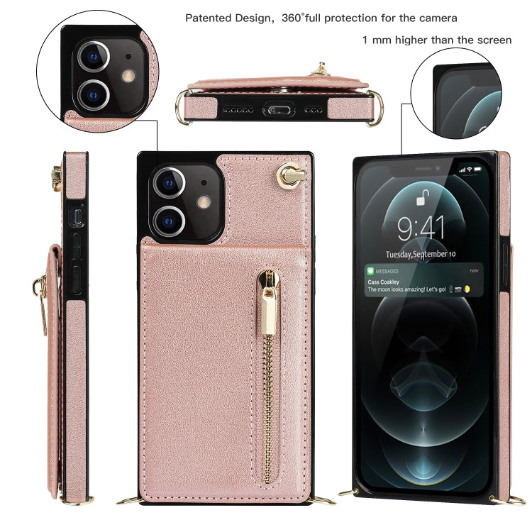 For iPhone 12 / 12 Pro Cross-body Zipper Square TPU+PU Back Cover Case with Holder & Card Slots & Wallet & Strap(Rose Gold) - iPhone 12 / 12 Pro Cases by buy2fix | Online Shopping UK | buy2fix