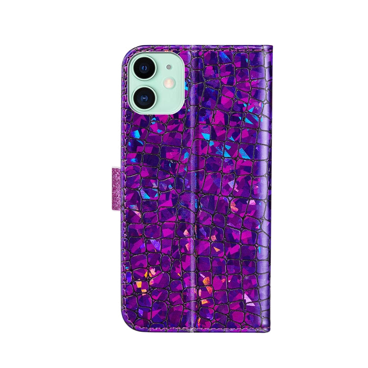 For iPhone 13 Laser Glitter Powder Matching Crocodile Texture Horizontal Flip Leather Case with Card Slots & Holder & Wallet(Purple) - iPhone 13 Cases by buy2fix | Online Shopping UK | buy2fix