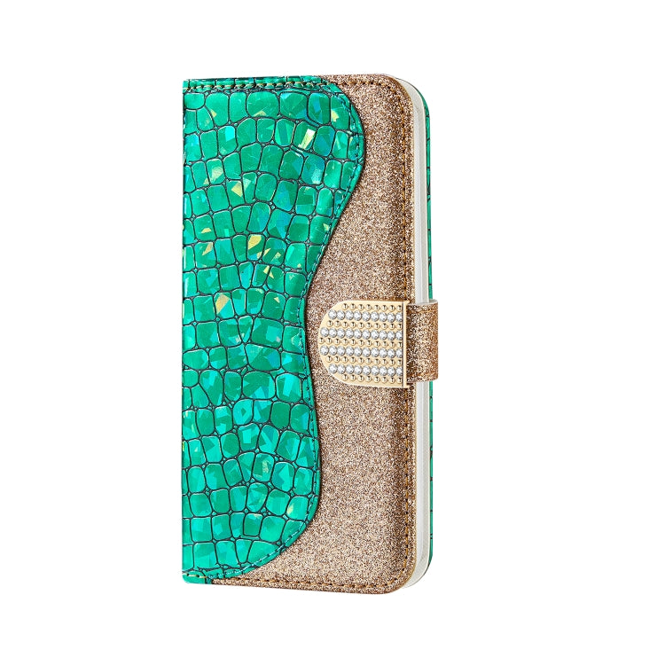 For iPhone 13 mini Laser Glitter Powder Matching Crocodile Texture Horizontal Flip Leather Case with Card Slots & Holder & Wallet (Green) - iPhone 13 mini Cases by buy2fix | Online Shopping UK | buy2fix