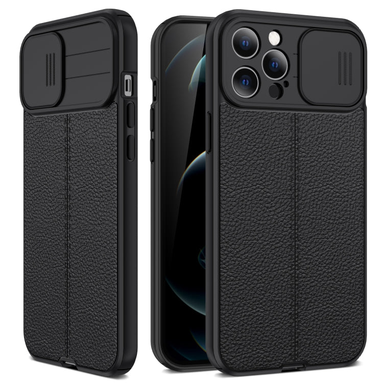 For iPhone 12 Pro Max Litchi Texture Sliding Camshield TPU Protective Case (Black) - iPhone 12 Pro Max Cases by buy2fix | Online Shopping UK | buy2fix