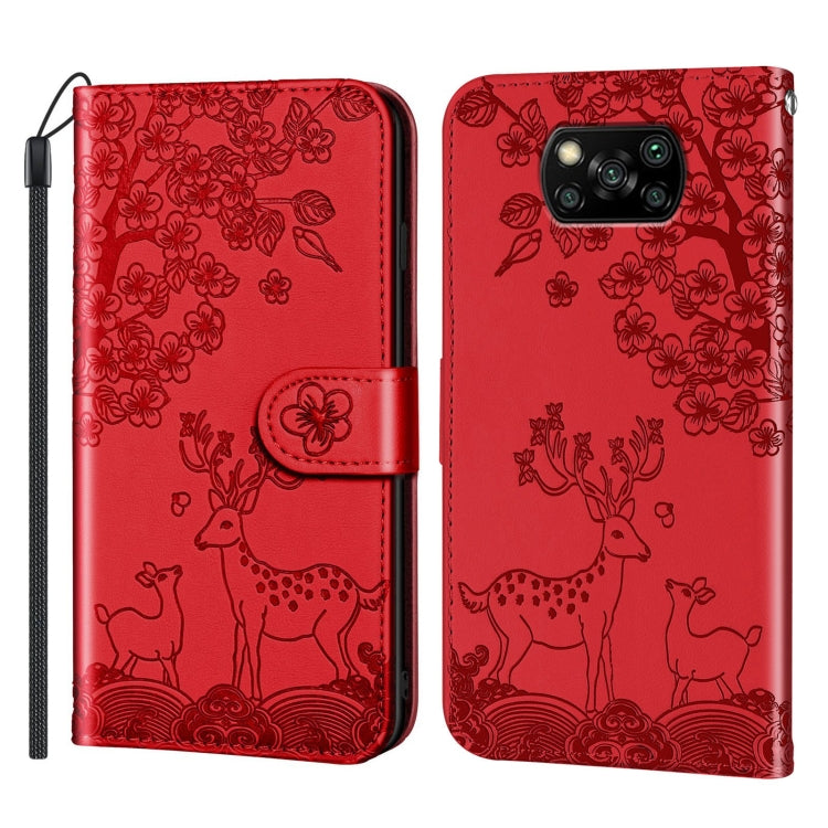 For Xiaomi Poco X3 Sika Deer Embossing Pattern Horizontal Flip PU Leather Case with Holder & Card Slot & Wallet & Photo Frame(Red) - Xiaomi Cases by buy2fix | Online Shopping UK | buy2fix