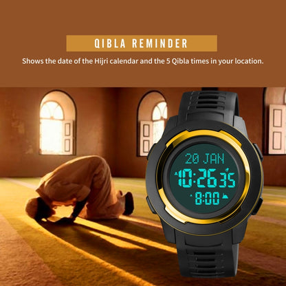 SKMEI 1729 Qibla Calendar Timing Multifunctional LED Digital Display Luminous Electronic Watch(Gold and Black) - LED Digital Watches by SKMEI | Online Shopping UK | buy2fix