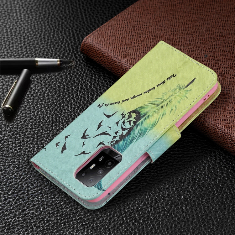 For OPPO A94 5G / Reno5 Z 5G / F19 Pro+ Colored Drawing Pattern Horizontal Flip Leather Case with Holder & Card Slots & Wallet(Feather) - OPPO Cases by buy2fix | Online Shopping UK | buy2fix