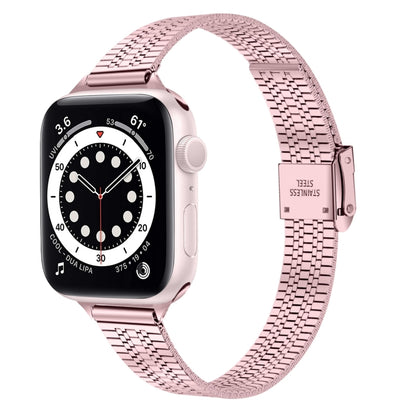 14mm Seven-beads Double Safety Buckle Slim Steel Watch Band For Apple Watch Ultra 49mm&Watch Ultra 2 49mm / Series 9&8&7 45mm / SE 3&SE 2&6&SE&5&4 44mm / 3&2&1 42mm(Rose Pink) - Watch Bands by buy2fix | Online Shopping UK | buy2fix