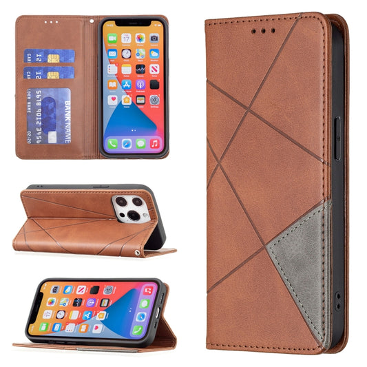 For iPhone 13 Pro Rhombus Texture Horizontal Flip Magnetic Leather Case with Holder & Card Slots (Brown) - iPhone 13 Pro Cases by buy2fix | Online Shopping UK | buy2fix