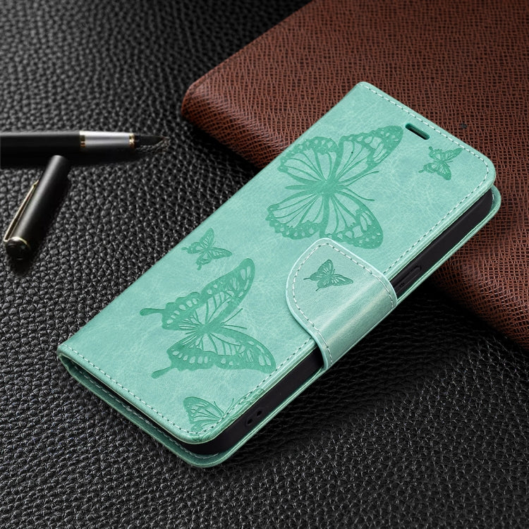 For iPhone 13 mini Embossing Two Butterflies Pattern Horizontal Flip PU Leather Case with Holder & Card Slot & Wallet & Lanyard (Green) - iPhone 13 mini Cases by buy2fix | Online Shopping UK | buy2fix