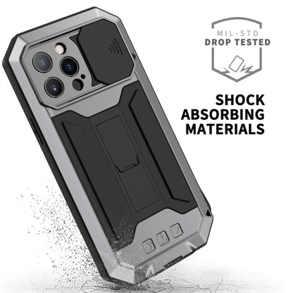 For iPhone 13 Pro R-JUST Sliding Camera Shockproof Life Waterproof Dust-proof Metal + Silicone Protective Case with Holder (Silver) - iPhone 13 Pro Cases by R-JUST | Online Shopping UK | buy2fix