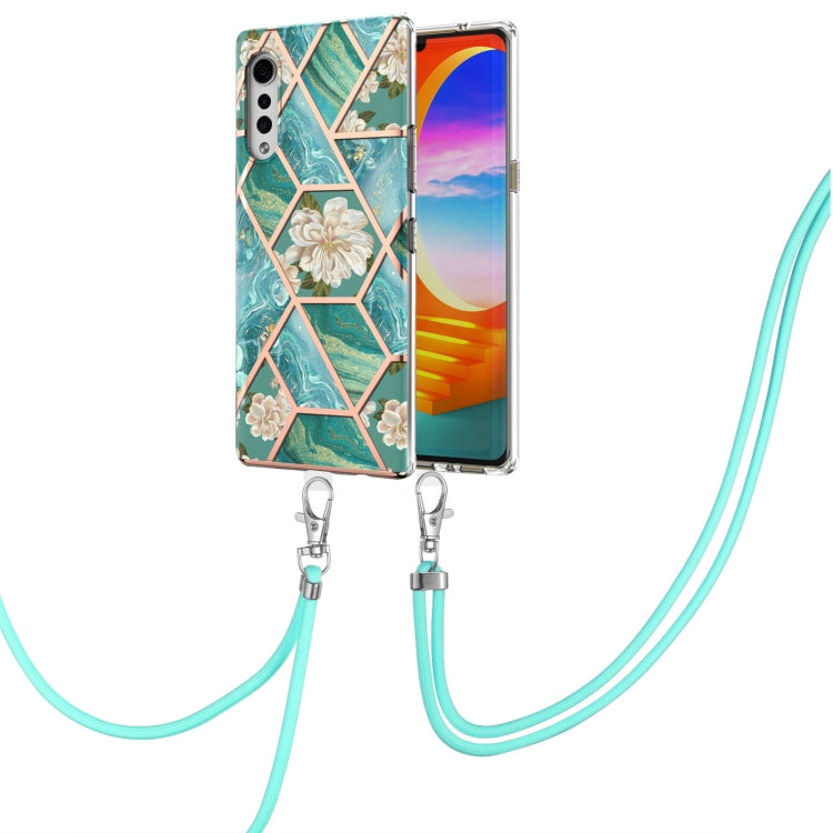 For LG Velvet 4G / Velvet 5G / G9 Electroplating Splicing Marble Flower Pattern TPU Shockproof Case with Lanyard(Blue Flower) - LG by buy2fix | Online Shopping UK | buy2fix