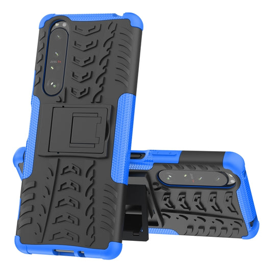 For Sony Xperia 1 III Tire Texture Shockproof TPU+PC Protective Case with Holder(Blue) - Sony Cases by buy2fix | Online Shopping UK | buy2fix