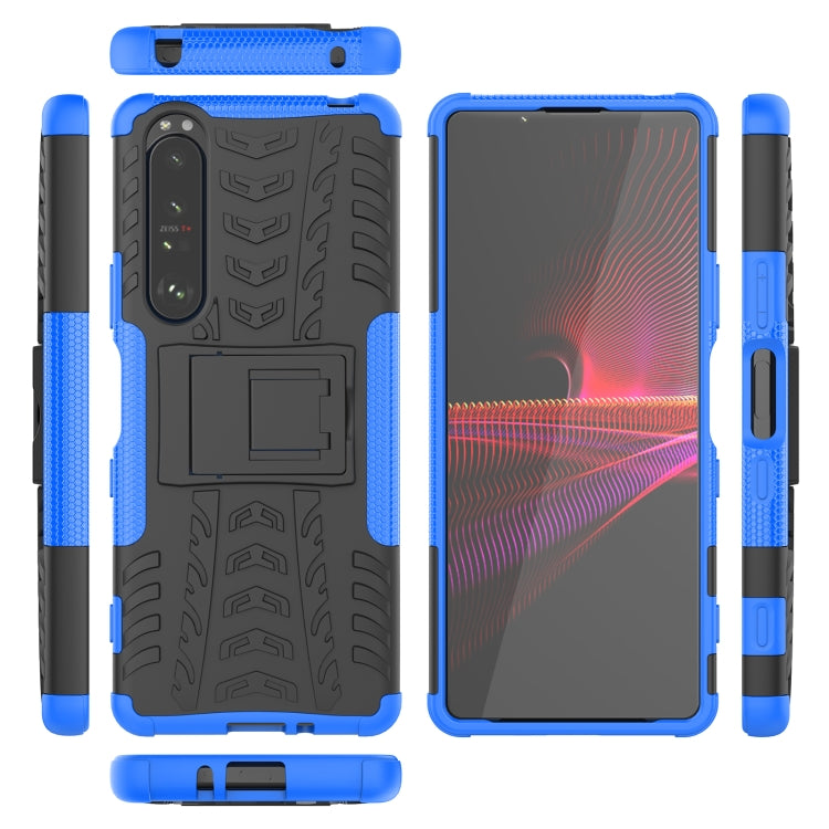 For Sony Xperia 1 III Tire Texture Shockproof TPU+PC Protective Case with Holder(Blue) - Sony Cases by buy2fix | Online Shopping UK | buy2fix