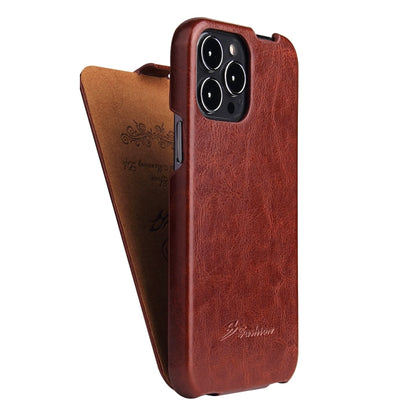 For iPhone 13 Fierre Shann Retro Oil Wax Texture Vertical Flip PU Leather Case(Brown) - iPhone 13 Cases by FIERRE SHANN | Online Shopping UK | buy2fix