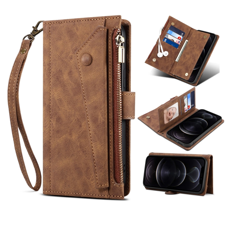 For iPhone 13 Retro Frosted Horizontal Flip Leather Case with Holder & Card Slot & Wallet & Zipper Pocket & Lanyard(Brown) - iPhone 13 Cases by buy2fix | Online Shopping UK | buy2fix