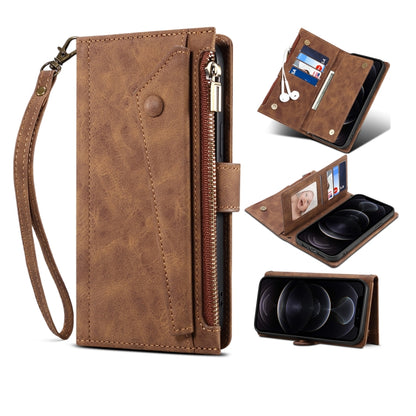 For iPhone 12 Pro Max Retro Frosted Horizontal Flip Leather Case with Holder & Card Slot & Wallet & Zipper Pocket & Lanyard(Brown) - iPhone 12 Pro Max Cases by buy2fix | Online Shopping UK | buy2fix