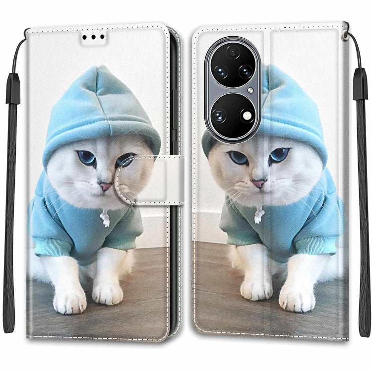 Voltage Coloured Drawing Magnetic Clasp Horizontal Flip PU Leather Case with Holder & Card Slots For Huawei P50(C15 Blue Sweater White Cat) - Huawei Cases by buy2fix | Online Shopping UK | buy2fix