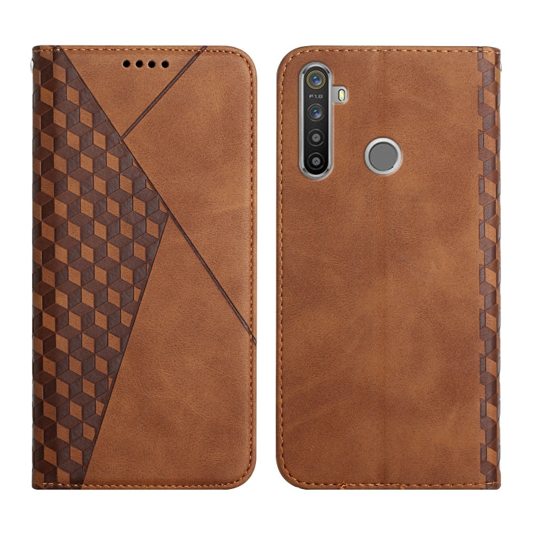 For OPPO Realme 6i / 5 Diamond Pattern Splicing Skin Feel Magnetic Horizontal Flip Leather Case with Card Slots & Holder & Wallet(Brown) - Realme Cases by buy2fix | Online Shopping UK | buy2fix