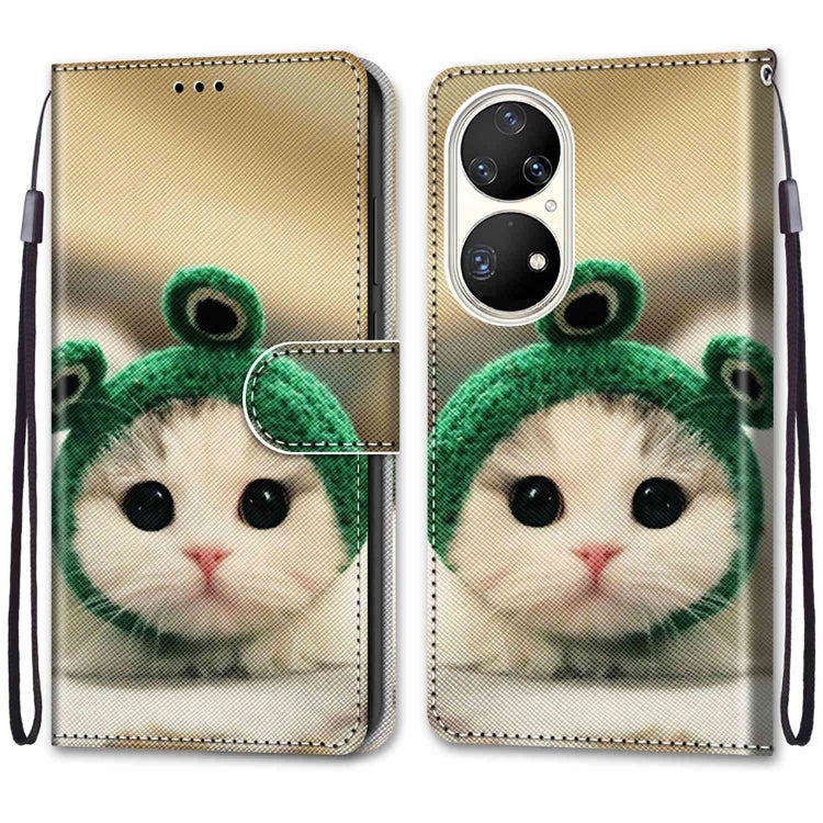 For Huawei P50 Pro Coloured Drawing Cross Texture Horizontal Flip PU Leather Case with Holder & Card Slots & Wallet & Lanyard(Frog Kitten) - Huawei Cases by buy2fix | Online Shopping UK | buy2fix