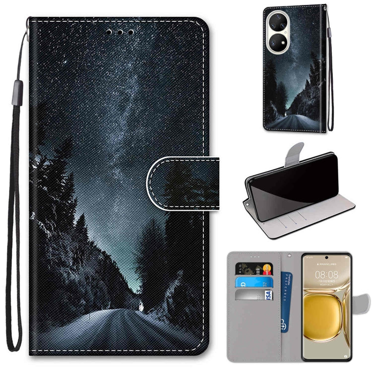 For Huawei P50 Pro Coloured Drawing Cross Texture Horizontal Flip PU Leather Case with Holder & Card Slots & Wallet & Lanyard(Mountain Road Starry Sky) - Huawei Cases by buy2fix | Online Shopping UK | buy2fix