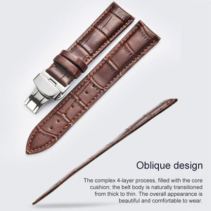 22mm Classic Cowhide Leather Black Butterfly Buckle Watch Band(Brown White Lines) - 22mm Bands by buy2fix | Online Shopping UK | buy2fix