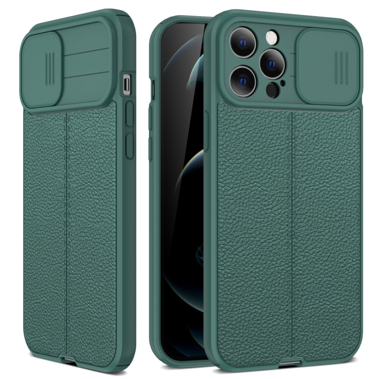 For iPhone 13 mini Litchi Texture Sliding Camshield TPU Protective Case (Dark Green) - iPhone 13 mini Cases by buy2fix | Online Shopping UK | buy2fix