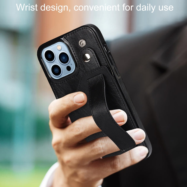 For iPhone 13 Pro Crazy Horse Texture Shockproof TPU + PU Leather Case with Card Slot & Wrist Strap Holder (Black) - iPhone 13 Pro Cases by buy2fix | Online Shopping UK | buy2fix