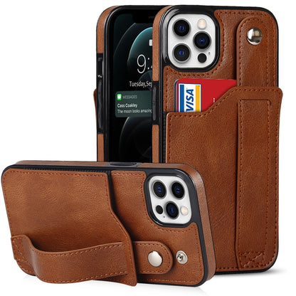 For iPhone 12 Pro Max Crazy Horse Texture Shockproof TPU + PU Leather Case with Card Slot & Wrist Strap Holder(Brown) - iPhone 12 Pro Max Cases by buy2fix | Online Shopping UK | buy2fix