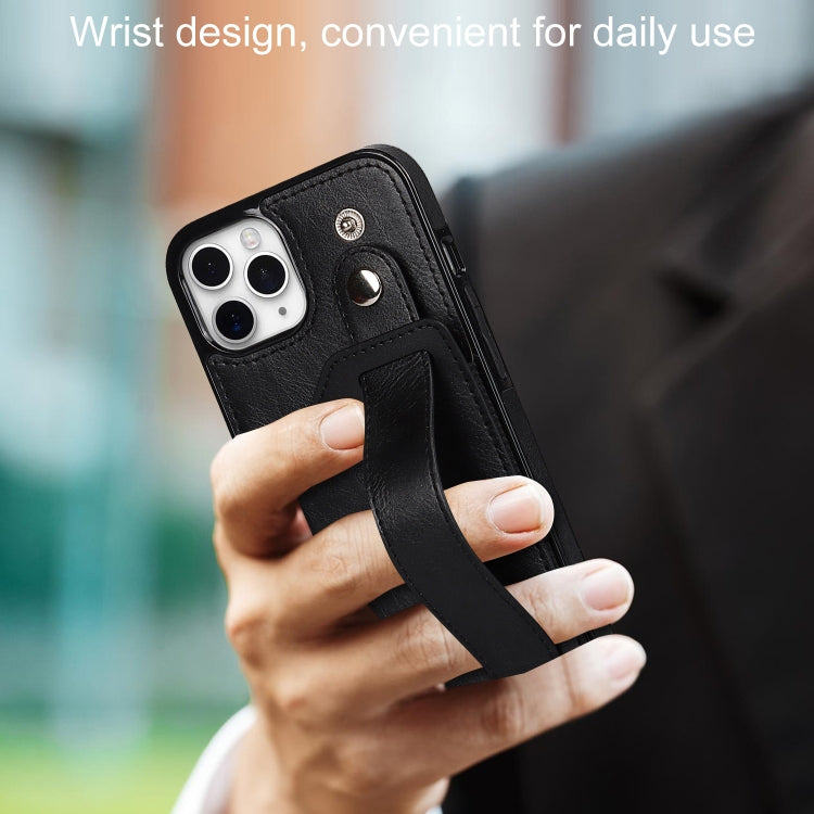 For iPhone 11 Pro Crazy Horse Texture Shockproof TPU + PU Leather Case with Card Slot & Wrist Strap Holder (Black) - iPhone 11 Pro Cases by buy2fix | Online Shopping UK | buy2fix