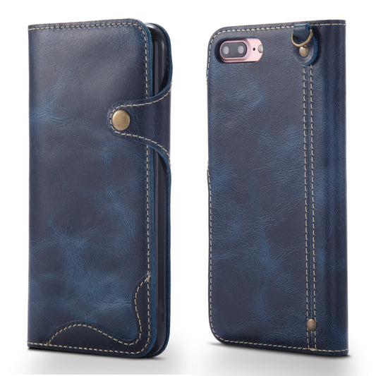 For iPhone 7 Plus / 8 Plus Denior Oil Wax Cowhide Magnetic Button Horizontal Flip Leather Case with Card Slots & Wallet(Dark Blue) - More iPhone Cases by Denior | Online Shopping UK | buy2fix