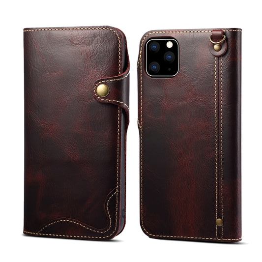 For iPhone 11 Pro Denior Oil Wax Cowhide Magnetic Button Horizontal Flip Leather Case with Card Slots & Wallet(Dark Red) - iPhone 11 Pro Cases by Denior | Online Shopping UK | buy2fix