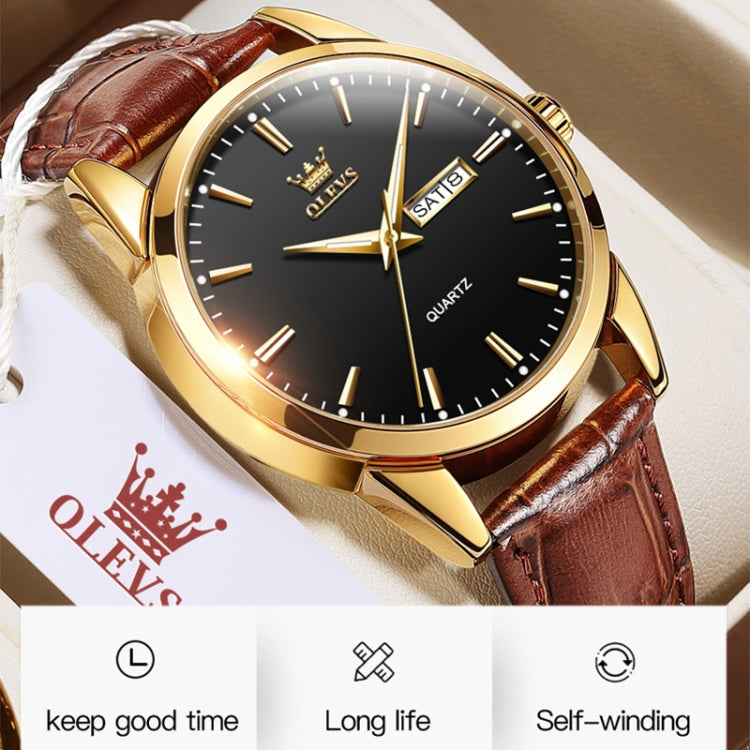 OLEVS 6898 Men Fashion Waterproof Dual Calendar Quartz Watch(Brown Blue) - Leather Strap Watches by OLEVS | Online Shopping UK | buy2fix