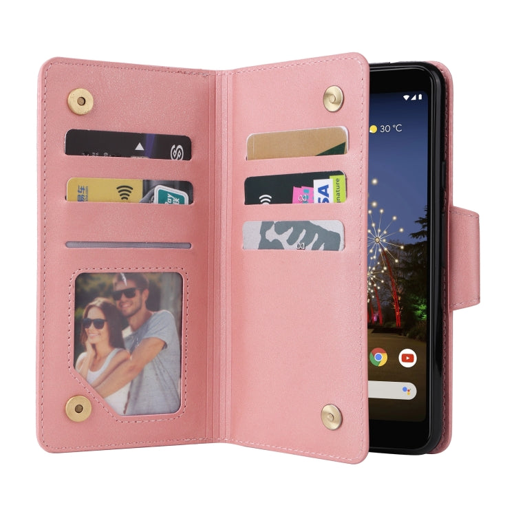 For Google Pixel 3A Rivet Buckle 9 Cards Three Fold Leather Phone Case(Rose Gold) - Google Cases by buy2fix | Online Shopping UK | buy2fix