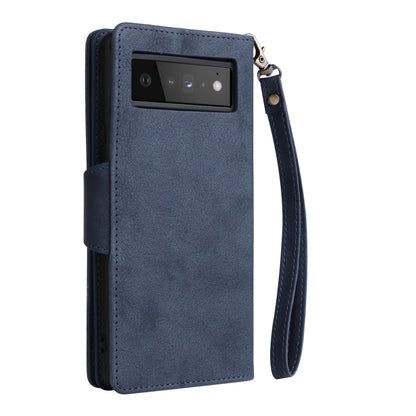 For Google Pixel 6 Pro Rivet Buckle 9 Cards Three Fold Leather Phone Case(Blue) - Google Cases by buy2fix | Online Shopping UK | buy2fix