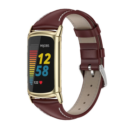 For Fitbit Charge5 Mijobs Genuine Leather Slim Watch Band(Wine Red+Gold) - Watch Bands by MIJOBS | Online Shopping UK | buy2fix