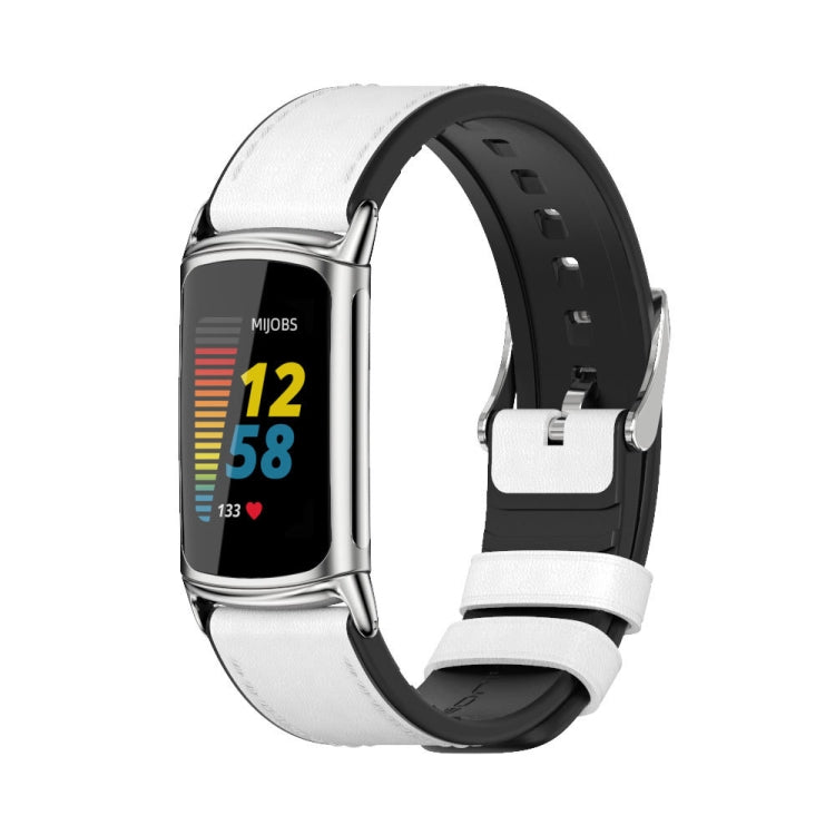 For Fitbit Charge5 Mijobs TPU + Leather Watch Band(White+Silver) - Watch Bands by MIJOBS | Online Shopping UK | buy2fix