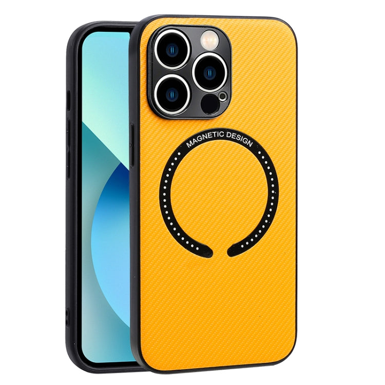 For iPhone 13 Carbon Fiber Texture MagSafe Magnetic Phone Case(Yellow) - iPhone 13 Cases by buy2fix | Online Shopping UK | buy2fix