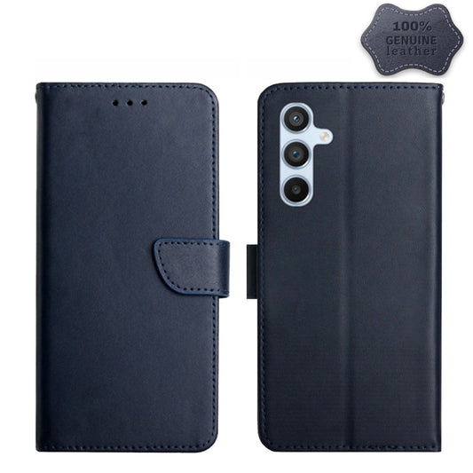 For Samsung Galaxy A34 5G HT02 Genuine Leather Fingerprint-proof Flip Phone Case(Blue) - Galaxy Phone Cases by buy2fix | Online Shopping UK | buy2fix