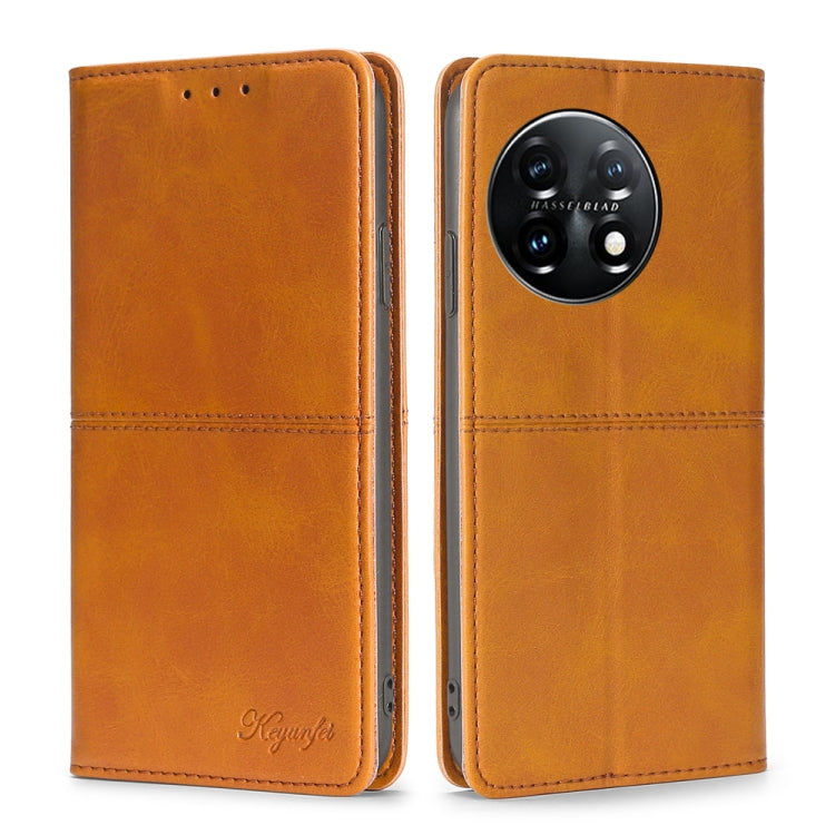 For OnePlus 11 Cow Texture Magnetic Horizontal Flip Leather Phone Case(Light Brown) - OnePlus Cases by buy2fix | Online Shopping UK | buy2fix