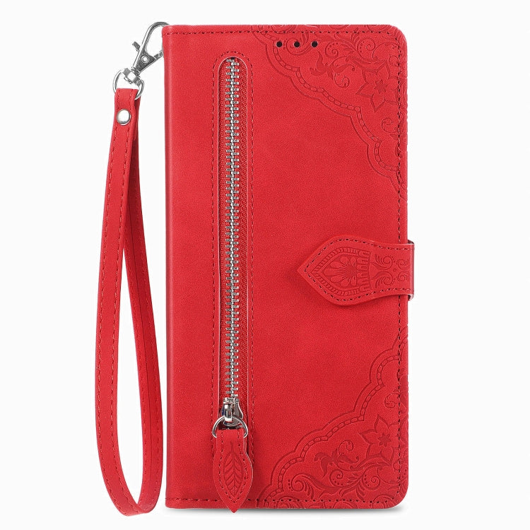 For Blackview A85 Embossed Flower Zipper Leather Phone Case(Red) - More Brand by buy2fix | Online Shopping UK | buy2fix