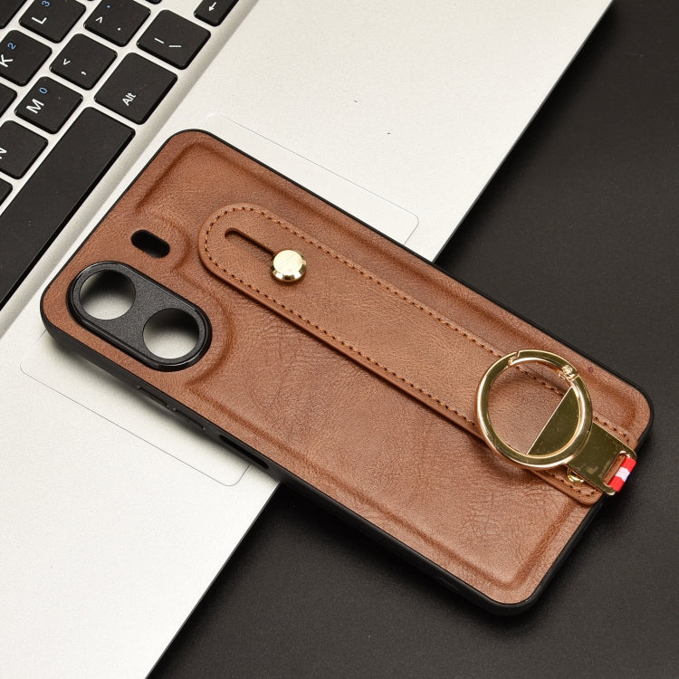 For Xiaomi Redmi 13C 4G/Poco C65 Wristband Leather Back Phone Case(Brown) - 13C Cases by buy2fix | Online Shopping UK | buy2fix