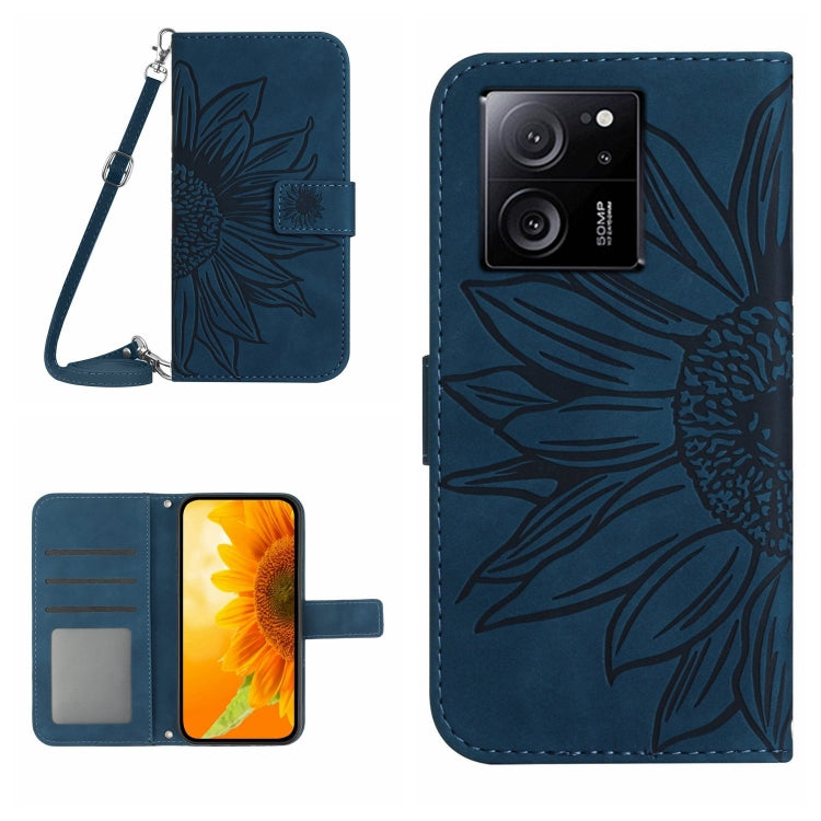 For Xiaomi 13T / 13T Pro Skin Feel Sun Flower Embossed Flip Leather Phone Case with Lanyard(Inky Blue) - Xiaomi Cases by buy2fix | Online Shopping UK | buy2fix