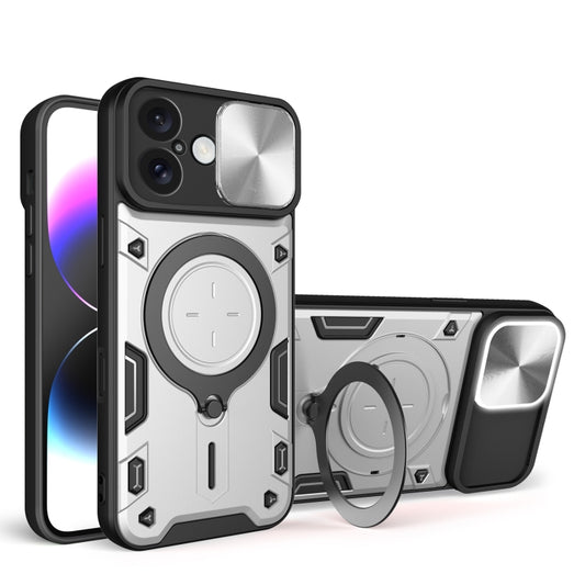 For iPhone 16 Plus CD Texture Sliding Camshield Magnetic Holder Phone Case(Silver) - iPhone 16 Plus Cases by buy2fix | Online Shopping UK | buy2fix