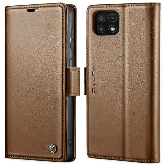 For Samsung Galaxy A22 5G CaseMe 023 Butterfly Buckle Litchi Texture RFID Anti-theft Leather Phone Case(Brown) - Galaxy Phone Cases by CaseMe | Online Shopping UK | buy2fix