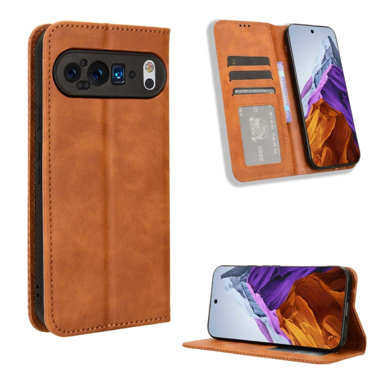 For Google Pixel 9 Pro Magnetic Buckle Retro Texture Leather Phone Case(Brown) - Google Cases by buy2fix | Online Shopping UK | buy2fix