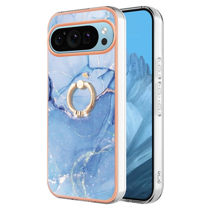 For Google Pixel 9 Pro XL Electroplating Marble Dual-side IMD Phone Case with Ring(Blue 018) - Google Cases by buy2fix | Online Shopping UK | buy2fix