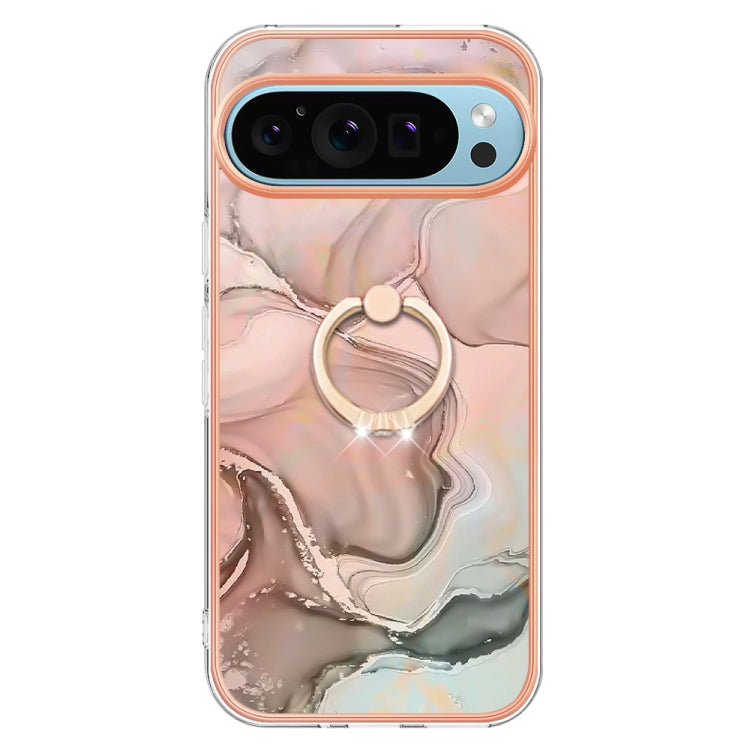 For Google Pixel 9 Pro XL Electroplating Marble Dual-side IMD Phone Case with Ring(Rose Gold 015) - Google Cases by buy2fix | Online Shopping UK | buy2fix