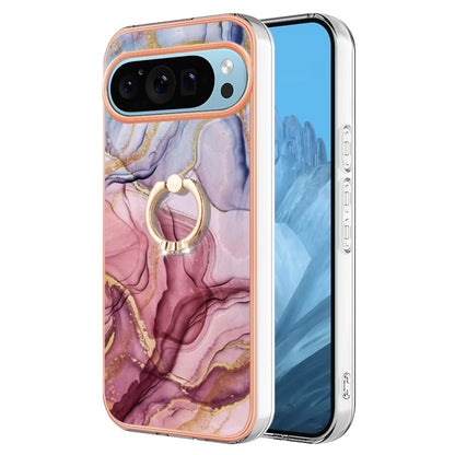 For Google Pixel 9 Pro XL Electroplating Marble Dual-side IMD Phone Case with Ring(Rose Red 014) - Google Cases by buy2fix | Online Shopping UK | buy2fix