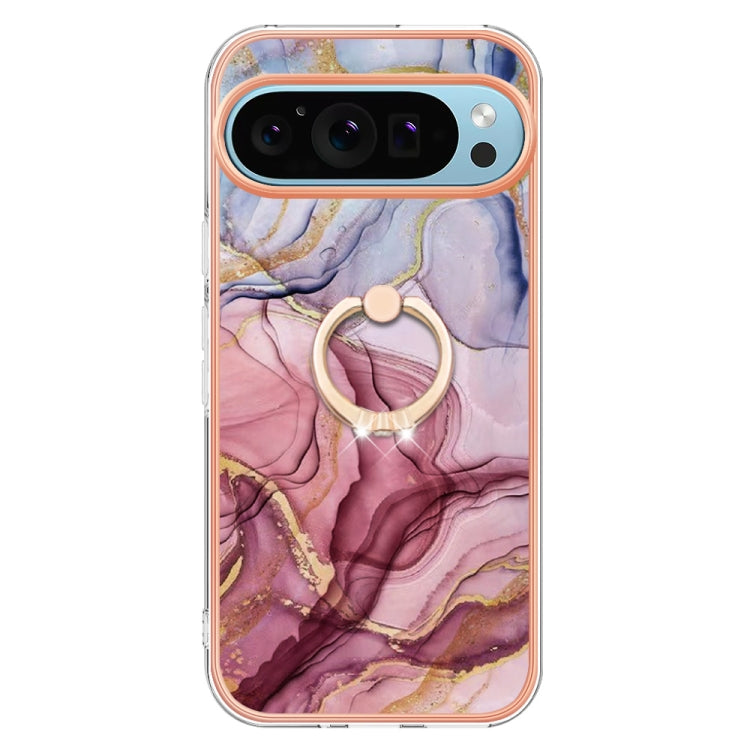 For Google Pixel 9 Pro XL Electroplating Marble Dual-side IMD Phone Case with Ring(Rose Red 014) - Google Cases by buy2fix | Online Shopping UK | buy2fix