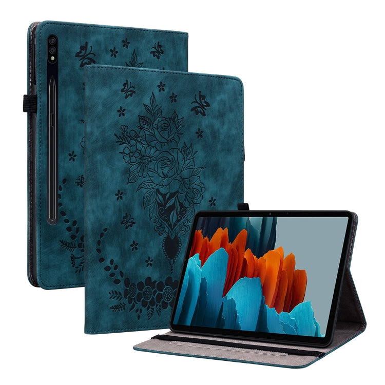 For Samsung Galaxy Tab S9+ Butterfly Rose Embossed Leather Tablet Case(Dark Blue) - Galaxy Tab S9+ Cases by buy2fix | Online Shopping UK | buy2fix