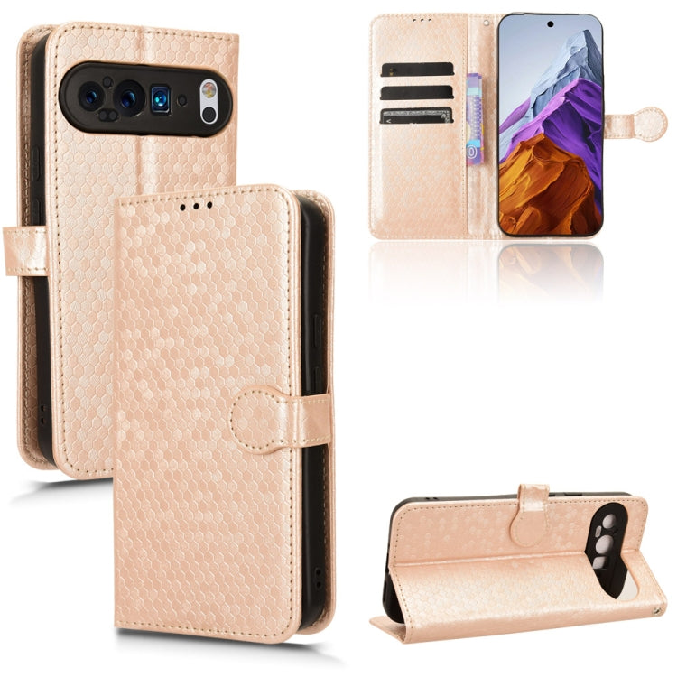 For Google Pixel 9 Pro XL Honeycomb Dot Texture Leather Phone Case(Gold) - Google Cases by buy2fix | Online Shopping UK | buy2fix