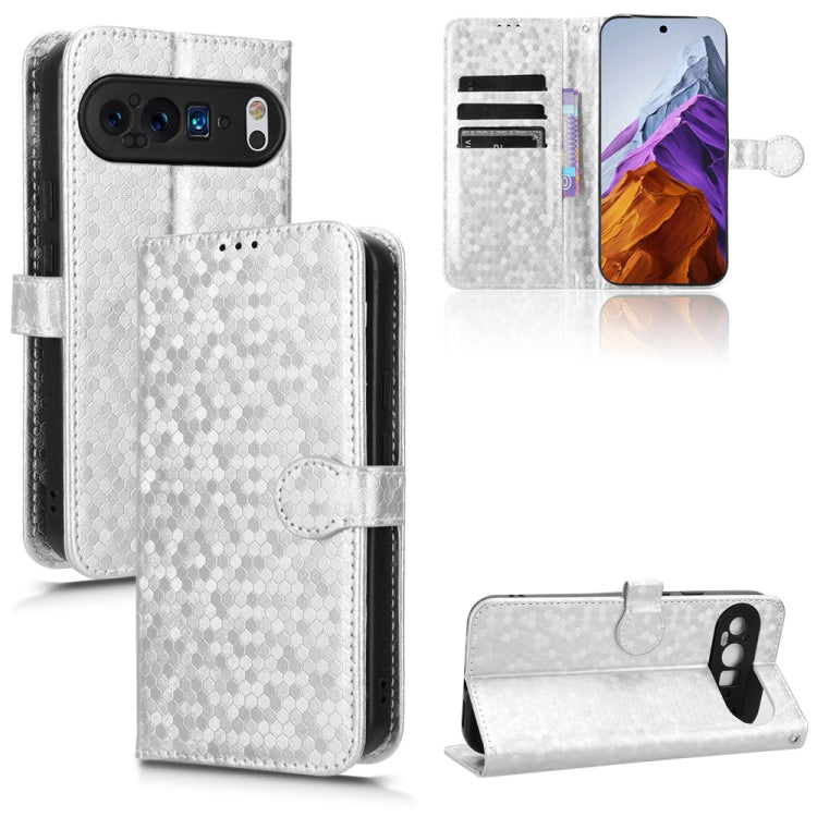 For Google Pixel 9 Pro XL Honeycomb Dot Texture Leather Phone Case(Silver) - Google Cases by buy2fix | Online Shopping UK | buy2fix